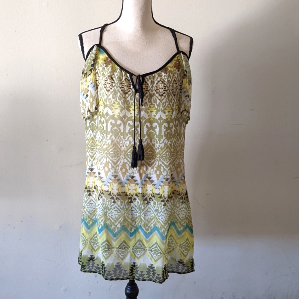 Venus Olive Green Patterned Spaghetti-Strap Camisole with Tassel Tie